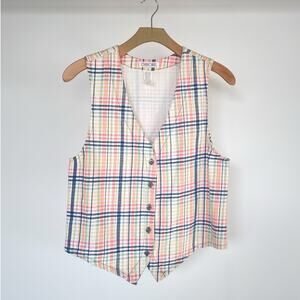 Vintage 90's Pastel Plaid Cotton Vest / Sz M / Button Up Grunge Punk Retro